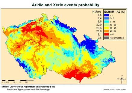Obr. 5: Prostorové znázornění pravděpodobnosti (%) výskytu aridních či xerických případů v České republice v očekávaných klimatických podmínkách (2050) při emisním scénáři A2-SRES.