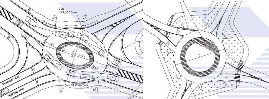 Obrázek 3/3: Příklady řešení okružních křižovatek dle VL3 B.3.5 Překážky provozu (ostrůvky, prahy apod.