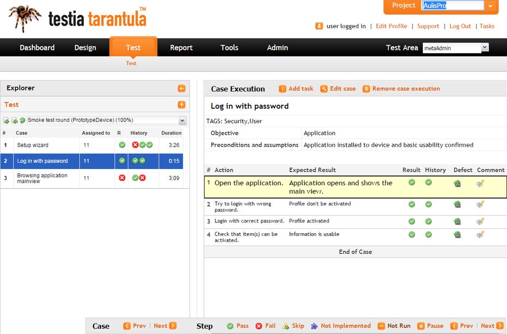 26 2 TESTOVÁNÍ SOFTWARU Nástroj lze vyzkoušet na internetové adrese http://pts.tarantula.fi/t/home/login, přihlašovací údaje jsou user/user.