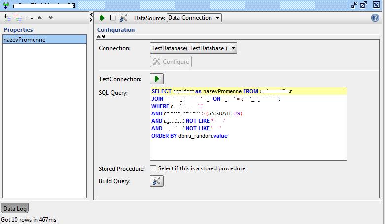 Stačí v sekci Connection vybrat požadované prostředí. Poté je možné vytvořit novou proměnnou a následně použít SQL dotaz, který do proměnné přiřadí výsledek dotazu.