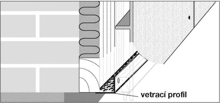 b) Spodní ukončení fasády Ještě před montáží první řady desek můžeme osadit na spodní okraj svislého laťování (pod podkladní profil) spodní ventilační profil vinytec V5008, který zabrání vniknutí