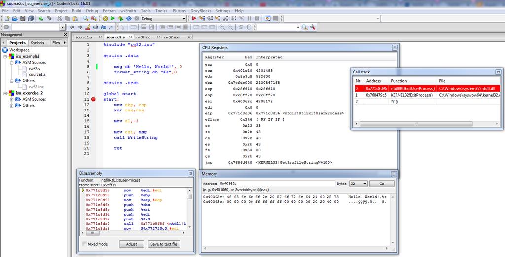 CodeBlocks IDE Sestavení a spuštění projektu Ovládání debuggeru Debugging windows -