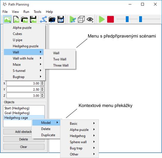 Obrázek C.3: Okno aplikace s menu pro načtení předpřipravené scény a s kontextovým menu pro změnu modelu překážky C.