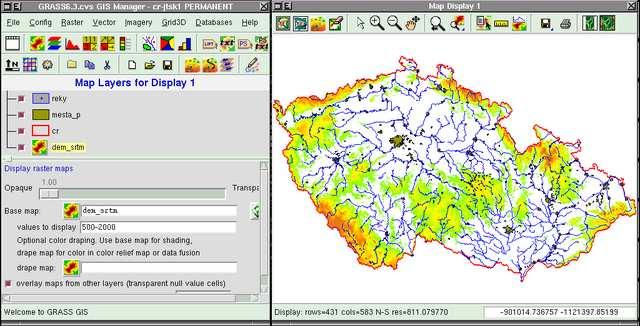 Zobrazení geografických dat 8.3 GRASS Software GRASS je využíván k analýzám prostorových dat, k produkci map, prostorového modelování a vizualizaci, umožňuje práci s vektorovými a rastrovými daty.