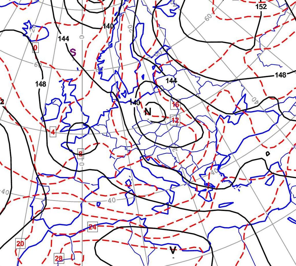 Obr.. Analýza geopotenciální výšky a teplotního pole v hladině AT 85 hpa z UTC Během.