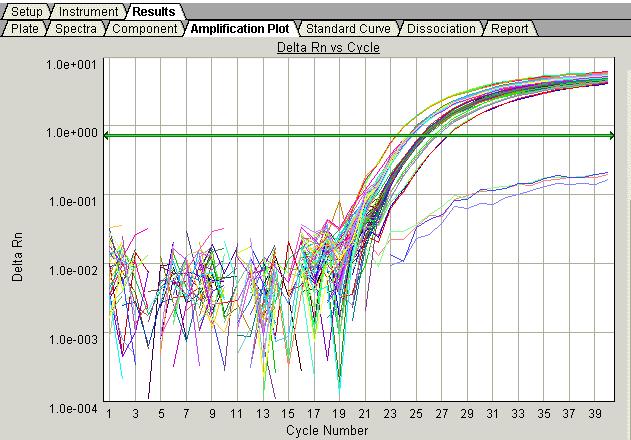Kapitola 6 Analýza výsledků kvantifikace Nastavení pozadí a prahu Vzorový pokus Výsledky byly nejprve analyzovány pomocí funkce automatického nastavení Ct (Auto Ct) a pozadí (Auto Baseline).