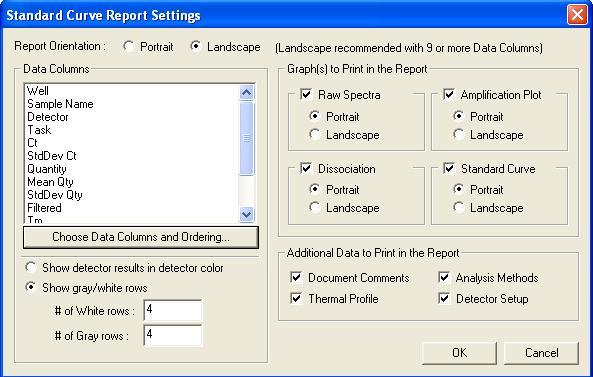 V dialogovém okně Report Settings (Nastavení zprávy) můžete zvolit způsob zobrazení výsledků a vytištění zprávy.