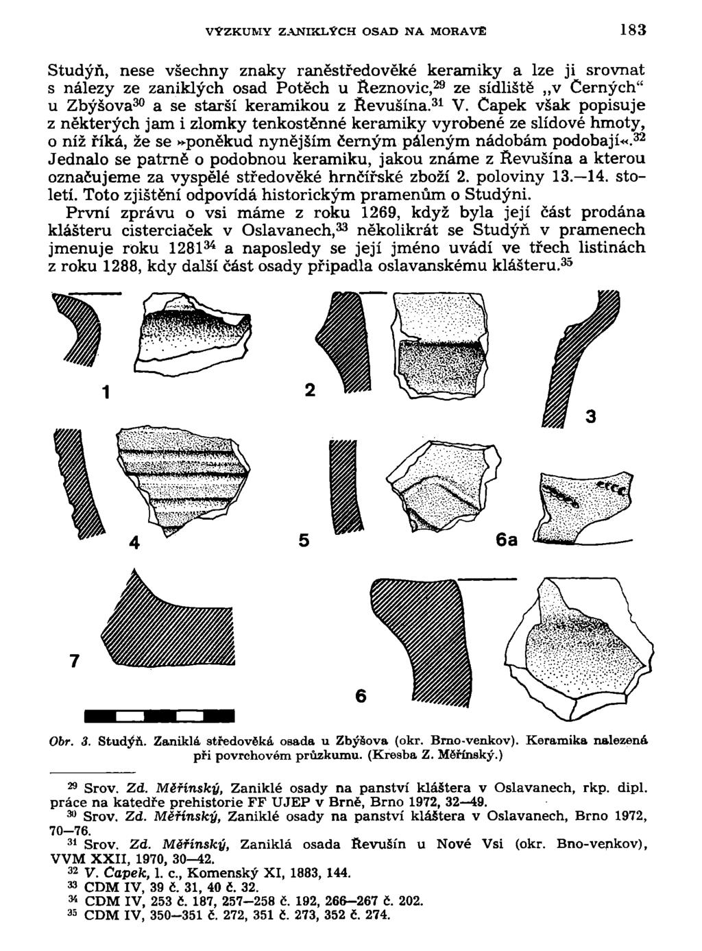 VÝZKUMY ZANIXLÝCH OSAD NA MORAVĚ 183 Studýň, nese všechny znaky raněstředověké keramiky a lze ji srovnat s nálezy ze zaniklých osad Potěch u Heznovic, 29 ze sídliště v Černých" u Zbýšova 30 a se