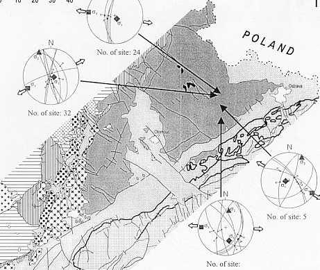 -extensional paleostress fields (Lambert projection, lower hemisphere, great circles -fault pla- the study of relationships of difnes).