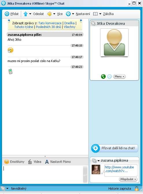Obrázek 15 ukázka programu Skype okno určené k chatování lze využít také pro odesílání souborů, fotografií, linků atd.