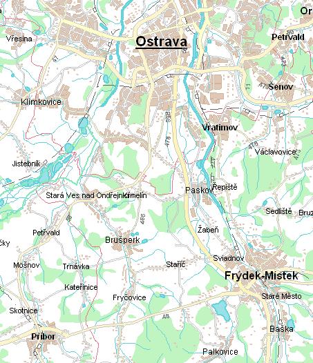 Obr.4 mapa okolí Ostravy Města a křižovatky z vybrané oblasti zkoumané mapy:. Ostrava. Frýdek Místek. Příbor 4. Paskov. Žabeň 6. Sviadnov 7. Chlebovice 8. Rychaltice 9. Křižovvatka 0.