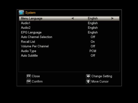 VIII. Nastavení systému 8.1 Systém Menu-> Nastavení systému ->Systém Tip: Zde můžete měnit všechna nastavení stisknutím tlačítka VOL + / VOL-. 1.