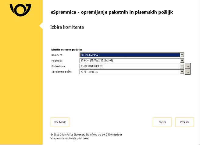 OPOZORILO: V primeru opravljene aktivacije za več komitentov, pogodb, podružnic ali sprejemnih pošt je treba paziti na pravilno izbiro omenjenih podatkov, saj ti zagotavljajo pravilno knjiženje
