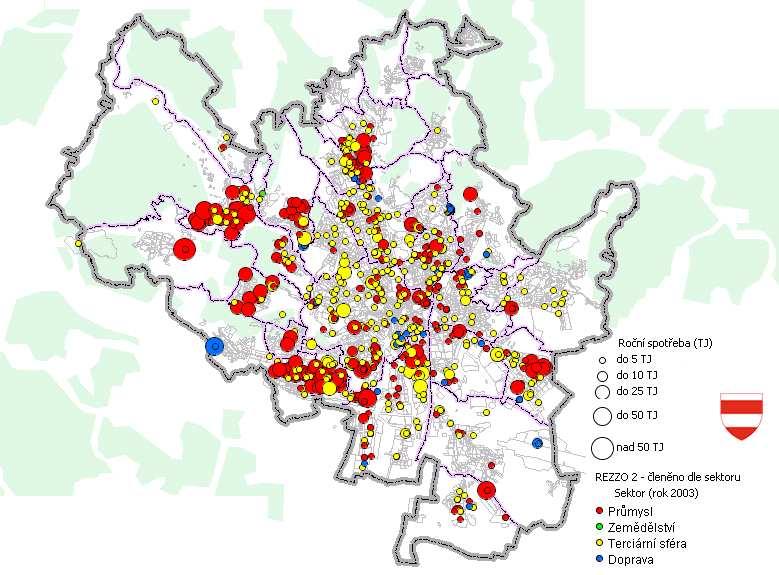 Obrázek 3: Umístění zdrojů REZZO 2, statutární město Brno Celková spotřeba paliv je v roce 2003 ve zdrojích REZZO 2 evidována ve výši 3 197 142 GJ/rok.