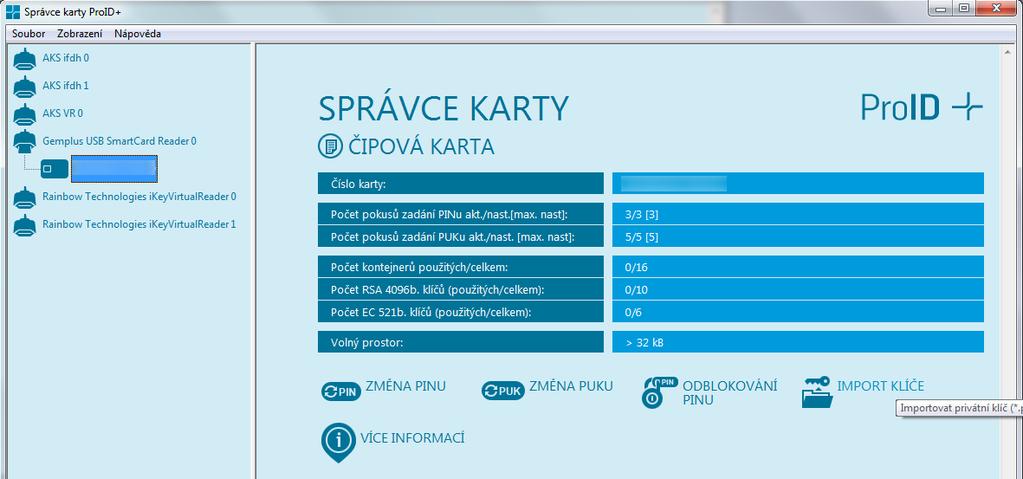 4. Příprava čipové karty pro generování klíčů Před prvním použití čipové karty je nutné změnit PIN, PUK a QPIN a přesvědčit se, zda je na čipové kartě přítomen servisní klíč.