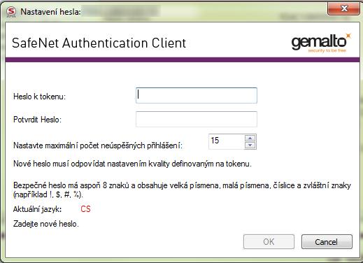 7.5. Nastavení (odblokování) hesla k tokenu (PIN) 1. V SafeNet Authentication Client kliknout na volbu Nastavit heslo k tokenu (nutná znalost aktuálního hesla správce - PUK) 2.
