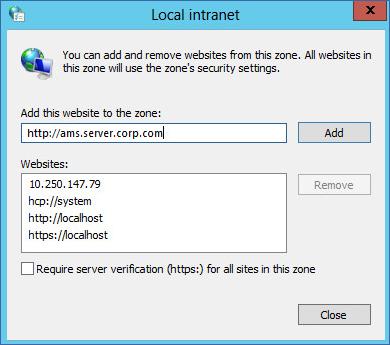 4. V části Přidat tento web k zóně zadejte adresu stránky pro přihlášení ke konzole zálohování a potom klikněte na Přidat. 5. Klikněte na tlačítko Close (Zavřít). 6.