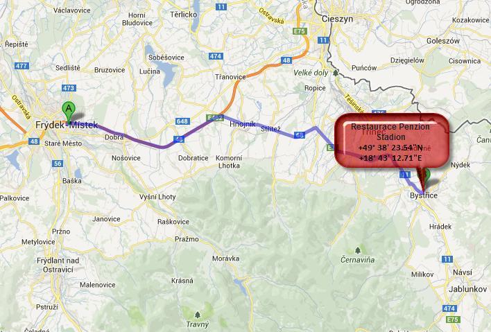 GPS Directions Map 1 From Frýdek-Místek to Bystřice n/o.