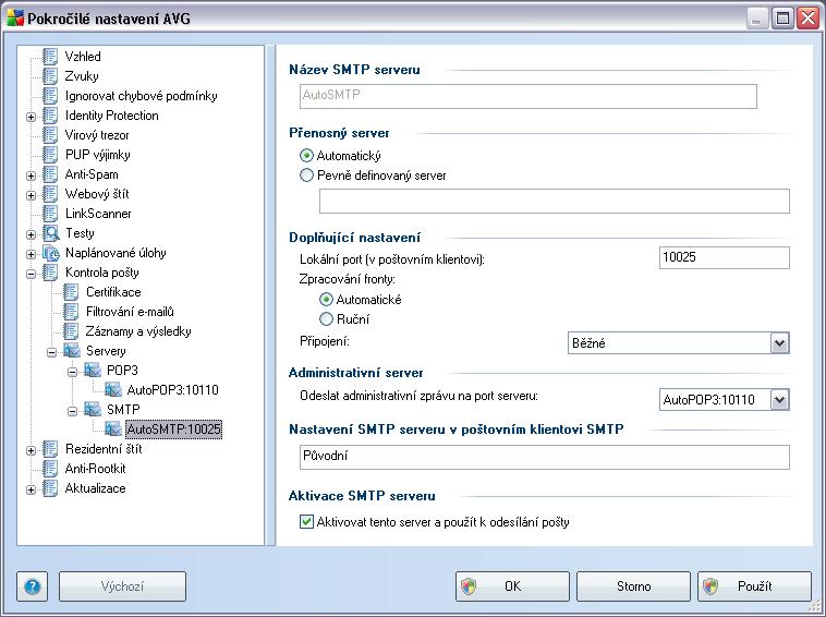V tomto dialogu (odkaz Servery / SMTP) nastavujete server Kontroly pošty s protokolem SMTP pro odchozí poštu: Název SMTP serveru - zvolte jméno serveru nebo ponechejte přednastavený název AutoSMTP