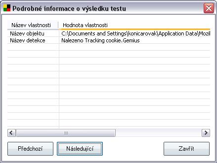 V tomto dialogu najdete informaci o umístění detekovaného infikovaného objektu (Název objektu) a jméno rozpoznané infekce (Název detekce).