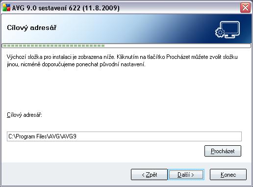 5.6. Uživatelská instalace - Cílový adresář Dialog Cílový adresář vám dává možnost určit, kam má být program AVG 9 AntiVirus instalován.