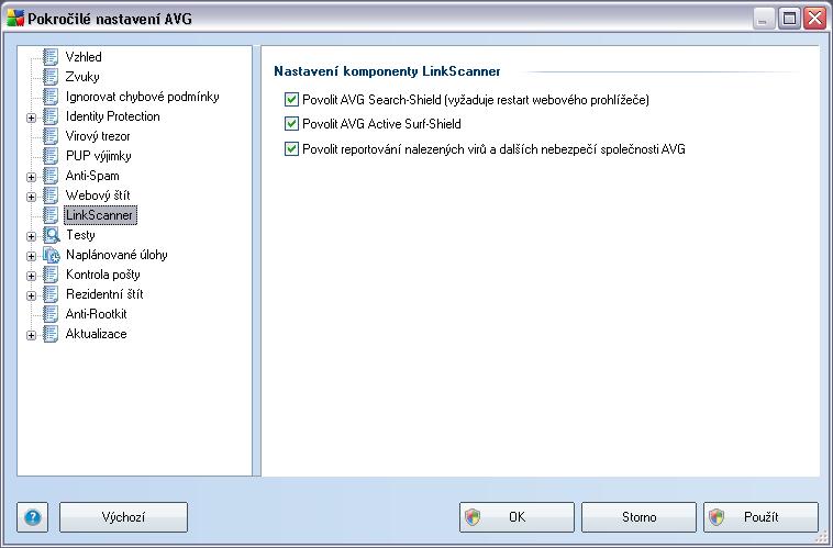 9.7. LinkScanner Dialog Nastavení komponenty LinkScanner umožňuje zapnout či vypnout funkčnost základních složek LinkScanner: Povolit AVG Search-Shield - (ve výchozím nastavení zapnuto): služba je