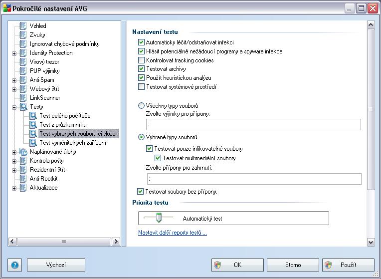 Veškeré parametry nastavené v tomto konfiguračním dialogu se vztahují pouze na ty oblasti vašeho počítače, které jste vybrali pro testování v rámci Testu vybraných souborů či složek!