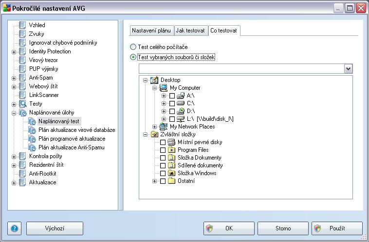 Na záložce Co testovat definujte, zda si přejete naplánovat Test celého počítače nebo Test vybraných souborů či složek.