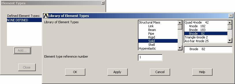 Vlastní definování elementu: Main Menu > Preprocessor > Element Type > Add/Edit/Delete /PREP7 Objeví se okno, viz Obr. 5. Kliknout Add Obr.
