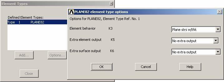 Změnit parametr pro K3 na Plane strs w/thk (rovinná napjatost s uvažováním tloušťky), viz, kliknout OK (zavře se okno), kliknout Close (zavře se okno).