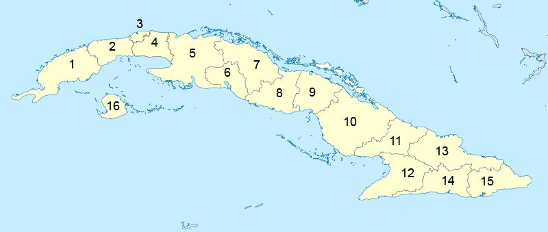 Obrázek 2: Členění Kuby Zdroj: https://upload.wikimedia.org/wikipedia/commons/8/88/cubasubdivisions.png 1. Piňar del Río 2. Artemisa 3. La Habana 4. Mayabeque 5. Matanzas 6.