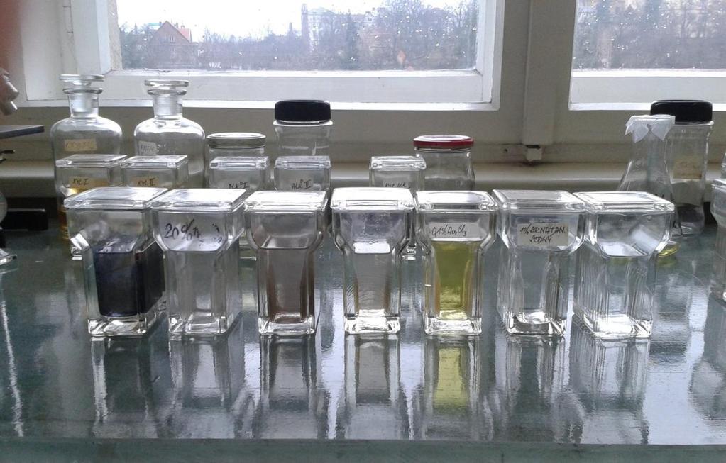 Obrázek 13 - Barvení podle Bielschowkého, (Veronika Maurerová, 2016, vlastní fotografie); zleva: 20% roztok dusičnanu stříbrného, redukční roztok, 10% etanol, amoniakální roztok stříbra, chlorid