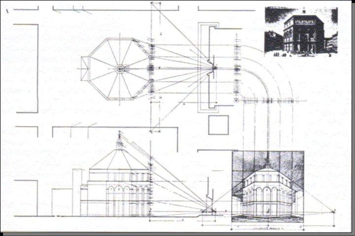 Kapitola 3. Renesance 25 Kadeřávek: Fillipo di Ser Brunellesco mnoho se zabývá perspektivou, a jsa architektem, zvyklým pracovati s půdorysy a řezy staveb, buduje methodu průsečnou. [11] str. 87.