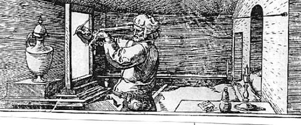 25: Skleněná deska. Vynález Jacoba de Keyser Tento způsob získávání perspektivního obrazu je podobný jako první zmíněný. I nyní šlo o zakreslování perspektivy bodů na skleněnou desku.