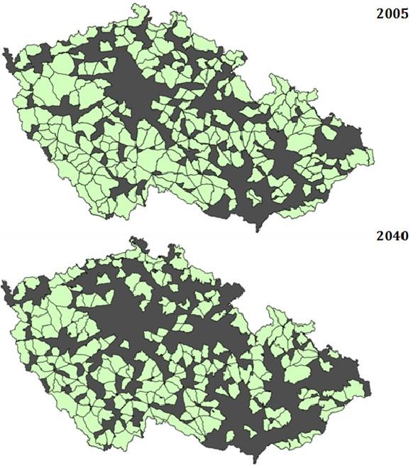 Obr. 3: Vývoj fragmentace krajiny v České republice (metoda EMS) porovnání let 1950,
