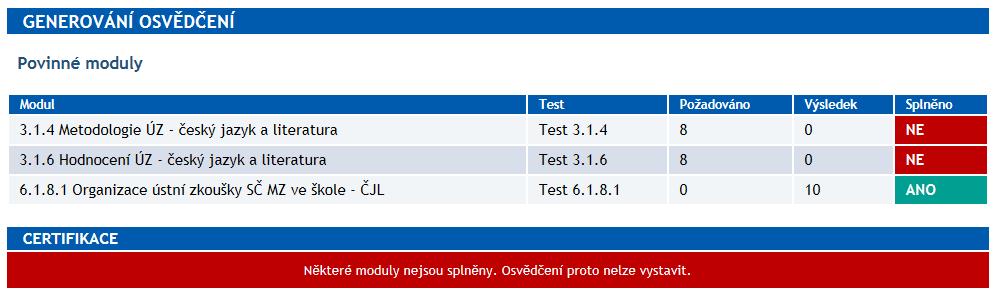 Na obrazovce s názvem GENEROVÁNÍ POTVRZENÍ (obr. 25) je zaznamenáno, které testy jsou splněny (označené slovem ANO) a které nejsou splněny (označené NE). Obr.