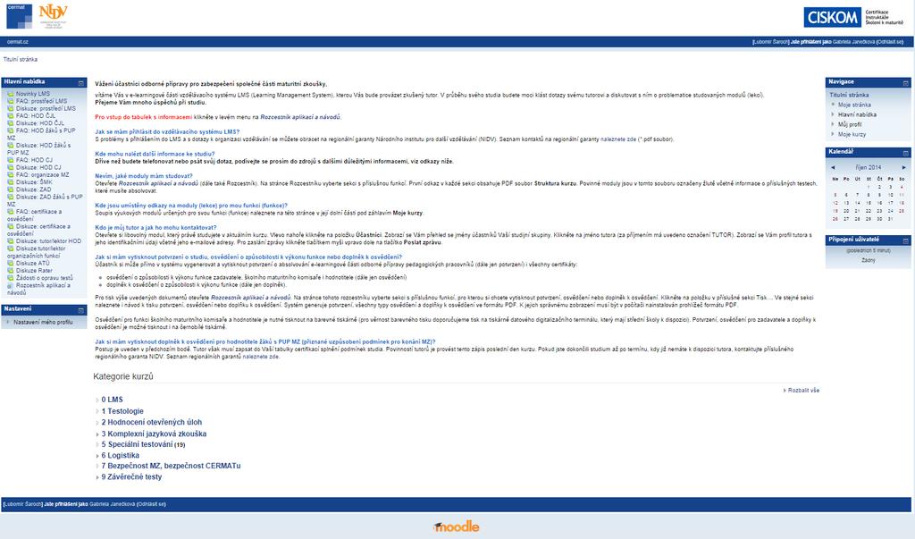 5. Titulní strana LMS Po přihlášení se zobrazí titulní stránka (obr.