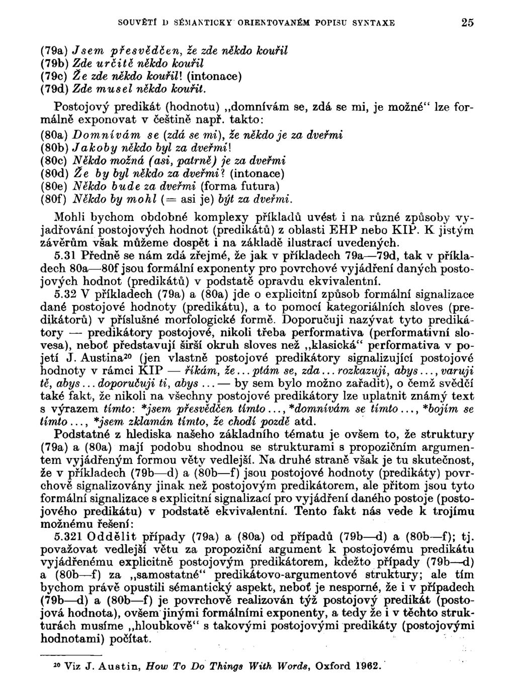 S0UVÉTÍ 1) SÉMANTICKY ORIENTOVANÉM POPISU SYNTAXE 25 (79a) Jsem přesvědčen, že zde někdo kouřil (79b) Zde určitě někdo kouřil (79c) Že zde někdo kouřili (intonace) (79d) Zde musel někdo kouřit.