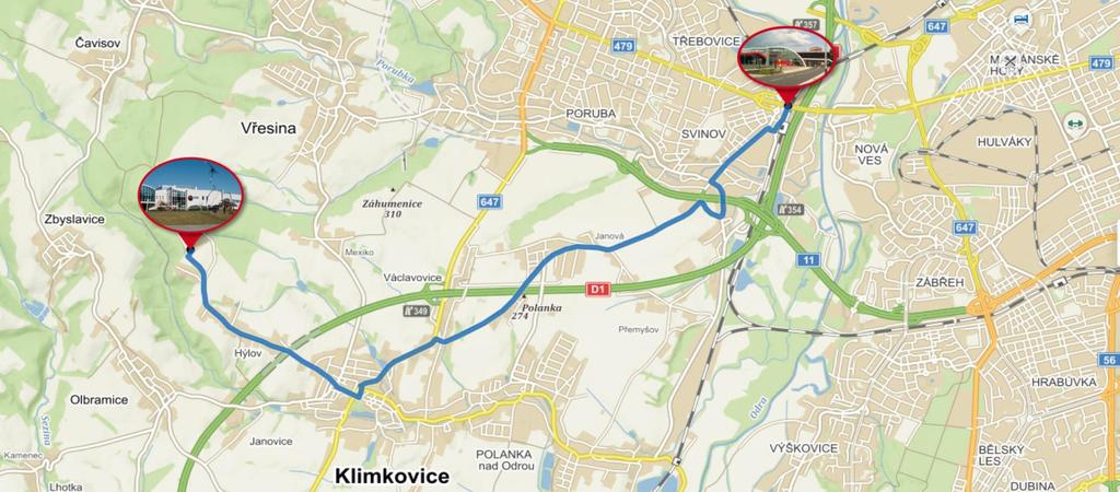 Elektrobusy pro DPO a. s. - trasa Linka číslo 64 SMĚR: Svinov mosty d. z. Sanatoria = 11,5 km (22 min) SMĚR: Sanatoria Svinov mosty d. z. = 11,8 km (26 min) Umístění pantografu = Svinov mosty d.