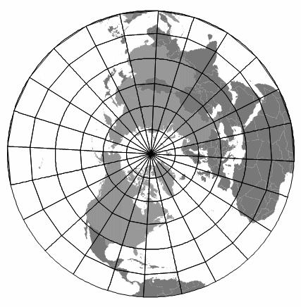 , poloměr obrazu rovníku je r (poloměr polokoule úhlojevné,užití v geodézii a astronomii Ortografická (promítání z protilehlého bodu v nekonečnu Postelovo Appollonius, 3. stol. př.n.l. ρ = r.