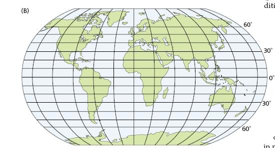 (B) Globální mapa zobrazující zeměpisné souřadnice.