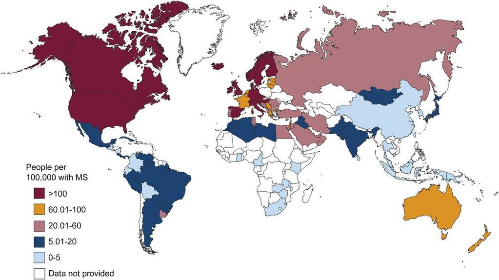 Příloha 1 Prevalence roztroušené sklerózy ve světě Zdroj: Atlas of Multiple Sclerosis 2013: A growing global problem with