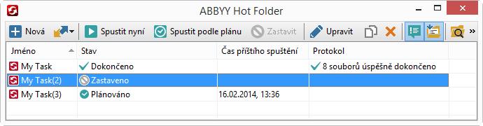 Hlavní okno nástroje ABBYY Hot Folder zobrazuje seznam nastavených úloh. U každé úlohy se zobrazí úplná cesta k odpovídající složce Hot Folder, stejně jako aktuální stav a plánovaný čas zpracování.