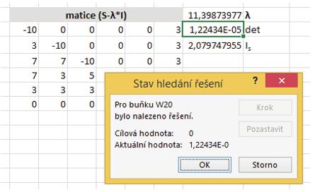 Rovnice v Excelu pomocí maticového vzorce a funkce =DETERMINANT. Pro řešení rovnice jsme použili Hledání řešení, tedy iterační postup v Excelu.