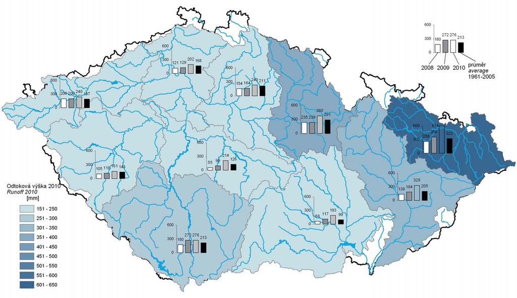 Mapa II.8 Odtokové výšky v bilančních oblastech v roce 21. Map II.