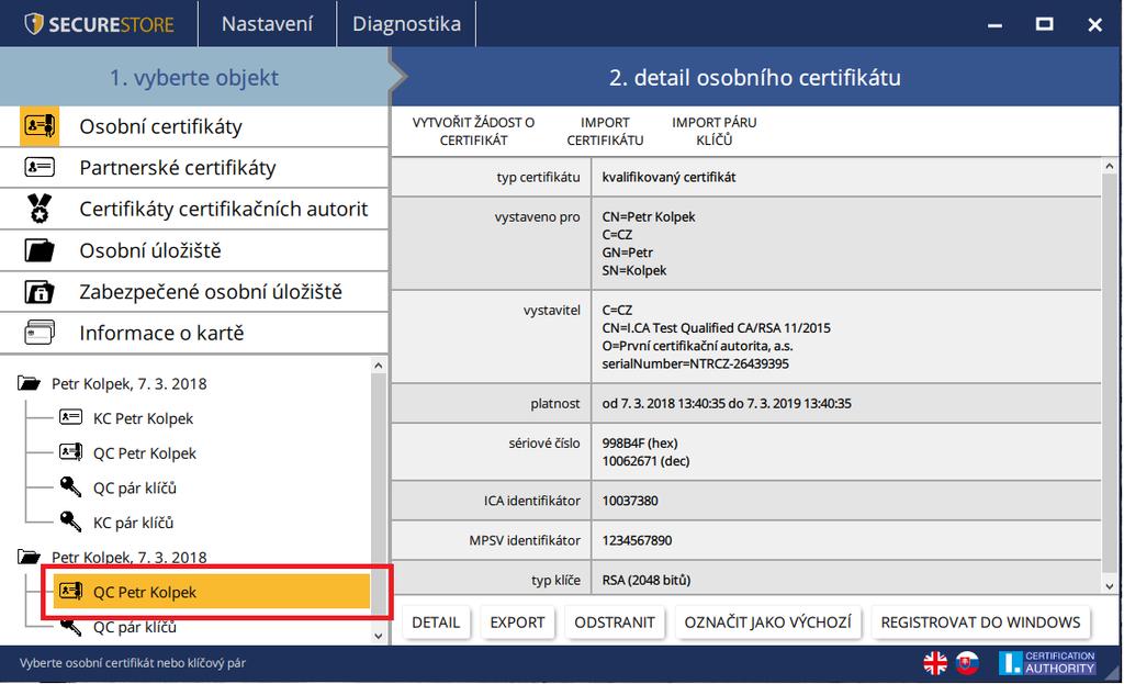 Obr. 16 - Zobrazení certifikátu 5.2. Práce s osobním certifikátem Volby pro práci s certifikátem uloženým na kartě jsou dostupné v nástrojové liště ve spodní části aplikace.