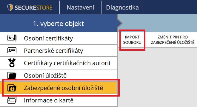 Čtení a export souboru v zabezpečeném úložišti je chráněn PINem pro zabezpečené úložiště, viz. kapitola 2. Obr.