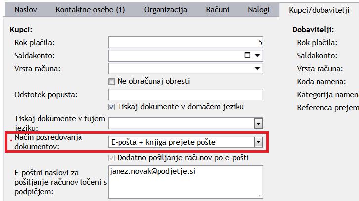Opomba: Pri načinu pošiljanja»e-pošta + knjiga prejete pošte«, se enako, kot za način pošiljanje»e-pošta«račun zabeleži med posredovane dokumente na meniju»dokumenti epošta«.