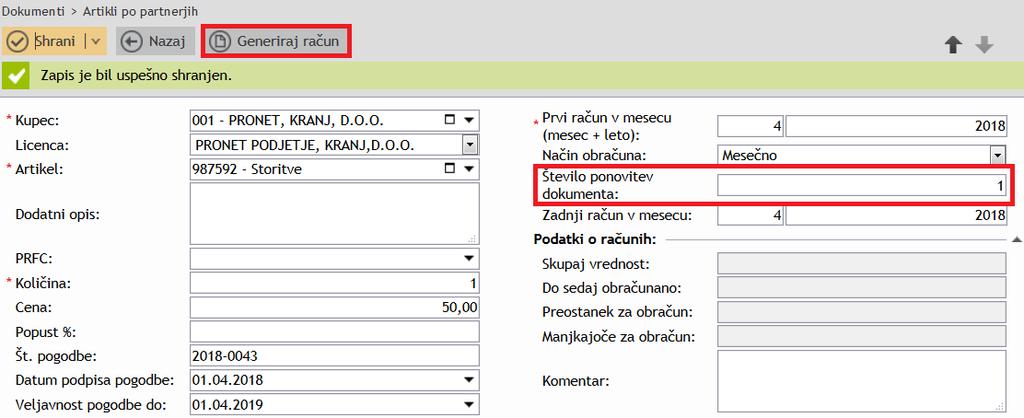 FAKTURIRANJE 1. Na maski»vnosa artiklov po partnerjih oz.
