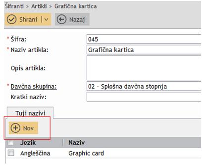 Izbere se jezik in vnese naziv artikla za izpis na dokumentu v izbranem jeziku.